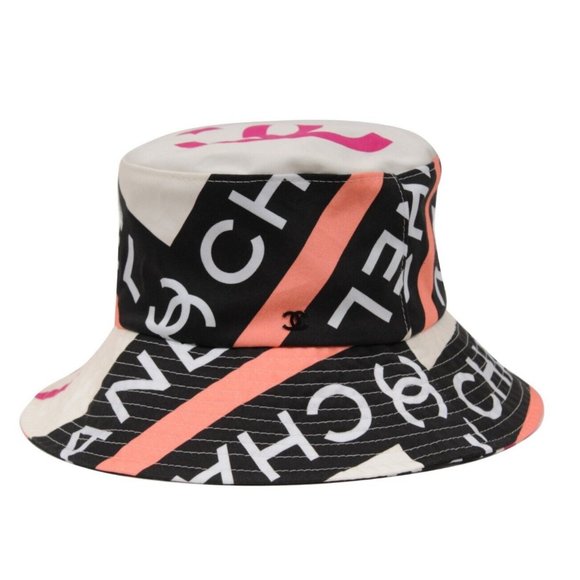 Chanel 22C CC Logo Bucket Hat Small S Pink White Black 100% Cotton Sun Cloche - Picture 1 of 16